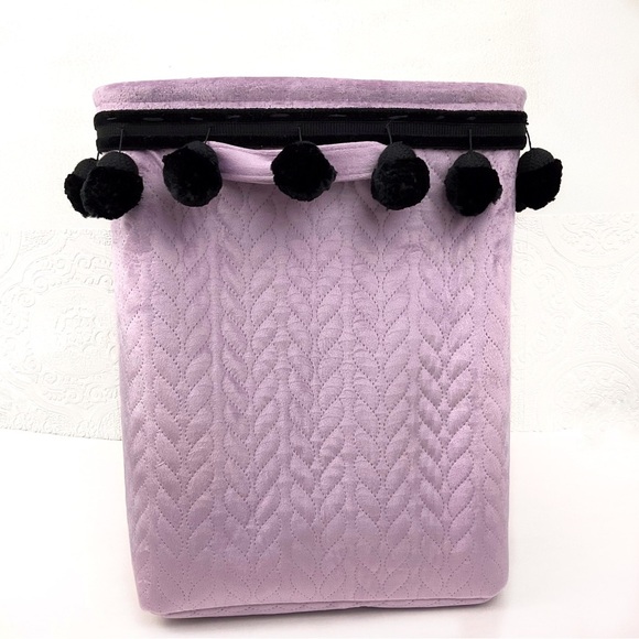 Lavender velvet chenille pom pom trim storage bin basket container - Picture 6 of 8